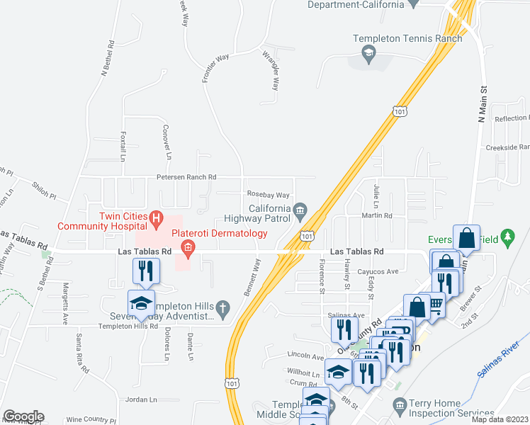 map of restaurants, bars, coffee shops, grocery stores, and more near 756 Lavender Lane in Templeton
