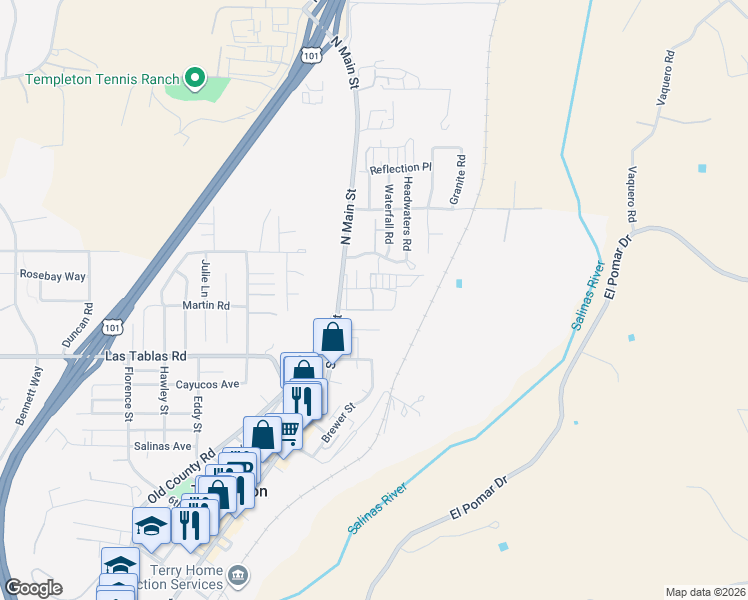 map of restaurants, bars, coffee shops, grocery stores, and more near 45 N Main St in Templeton