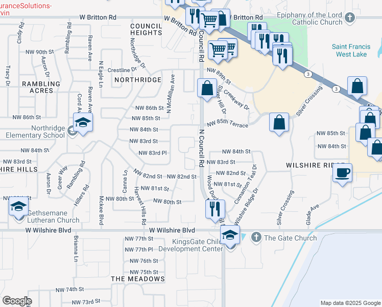 map of restaurants, bars, coffee shops, grocery stores, and more near 8301 North Council Road in Oklahoma City