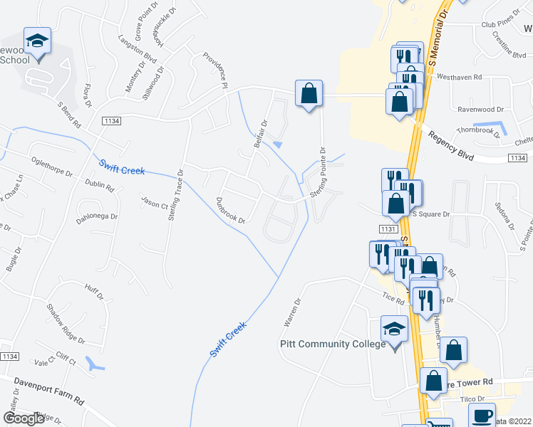 map of restaurants, bars, coffee shops, grocery stores, and more near 3993 Sterling Pointe Drive in Winterville