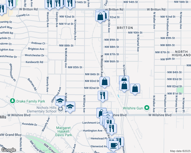 map of restaurants, bars, coffee shops, grocery stores, and more near 1137 Northwest 83rd Street in Oklahoma City