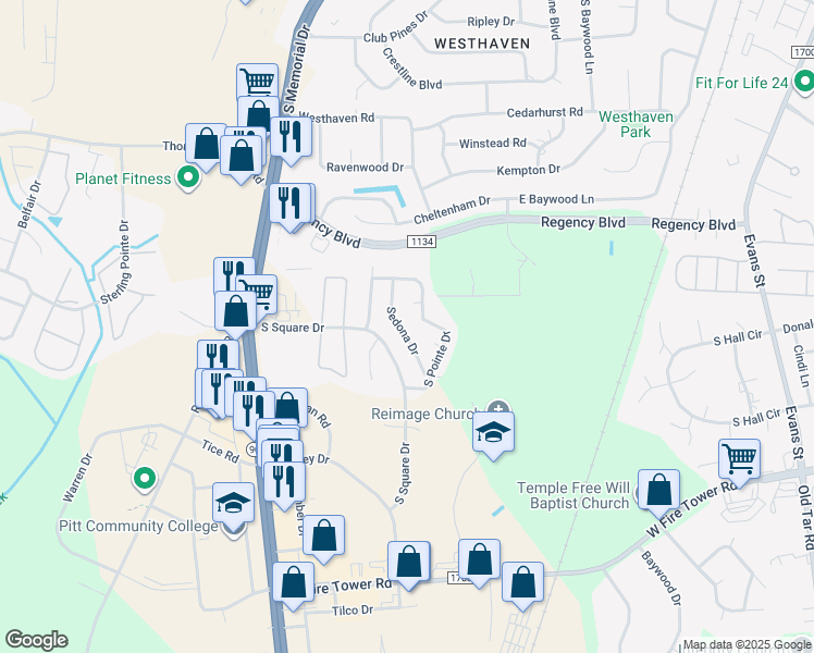 map of restaurants, bars, coffee shops, grocery stores, and more near 3932 Sedona Drive in Winterville