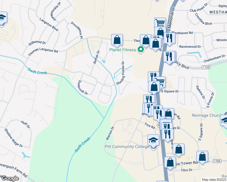 map of restaurants, bars, coffee shops, grocery stores, and more near 3917 Sterling Pointe Drive in Winterville