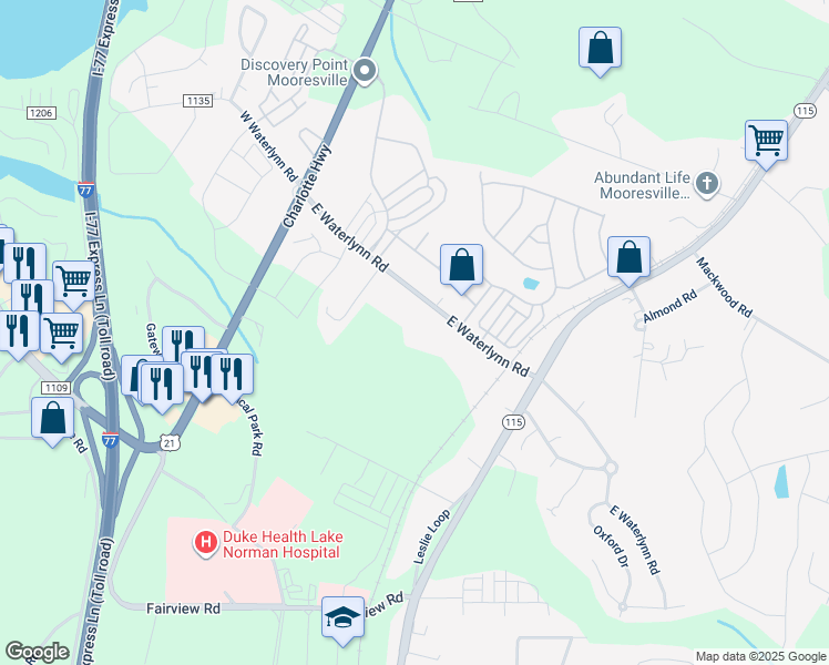 map of restaurants, bars, coffee shops, grocery stores, and more near 198 East Waterlynn Road in Mooresville