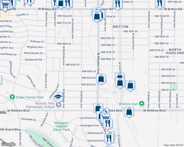 map of restaurants, bars, coffee shops, grocery stores, and more near 1137 Northwest 83rd Street in Oklahoma City