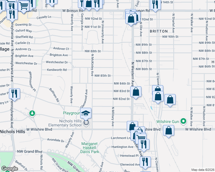 map of restaurants, bars, coffee shops, grocery stores, and more near 8405 North Military Avenue in Oklahoma City