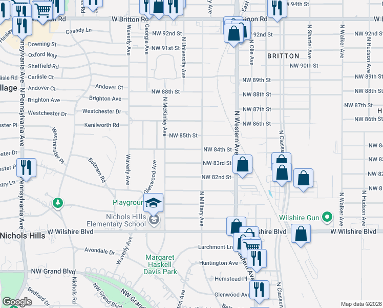 map of restaurants, bars, coffee shops, grocery stores, and more near 8405 North Military Avenue in Oklahoma City