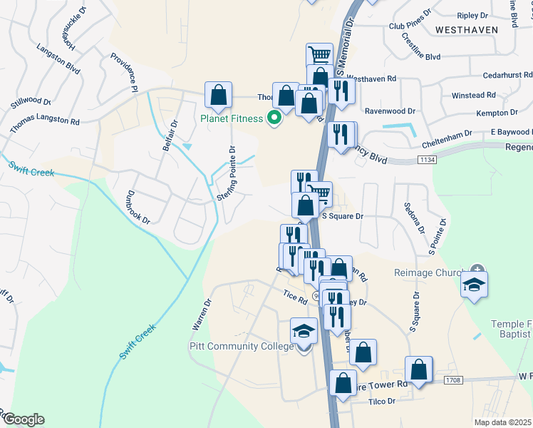 map of restaurants, bars, coffee shops, grocery stores, and more near 705 Patton Circle in Winterville
