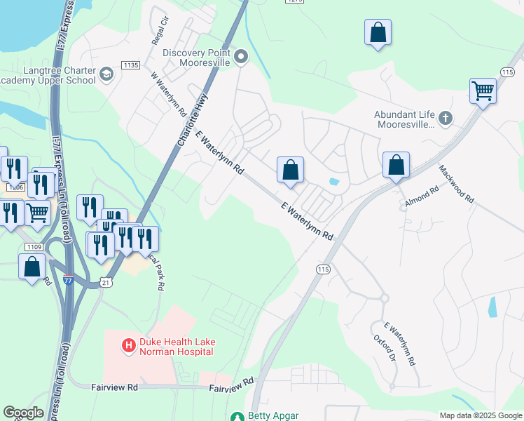map of restaurants, bars, coffee shops, grocery stores, and more near 198 East Waterlynn Road in Mooresville