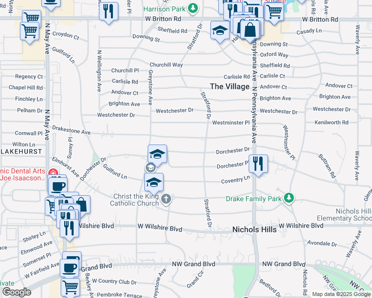 map of restaurants, bars, coffee shops, grocery stores, and more near 1809 Dorchester Drive in Nichols Hills
