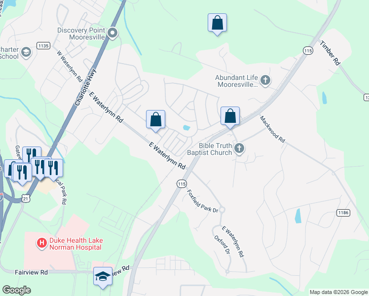 map of restaurants, bars, coffee shops, grocery stores, and more near 116b Morning Mist Lane in Mooresville