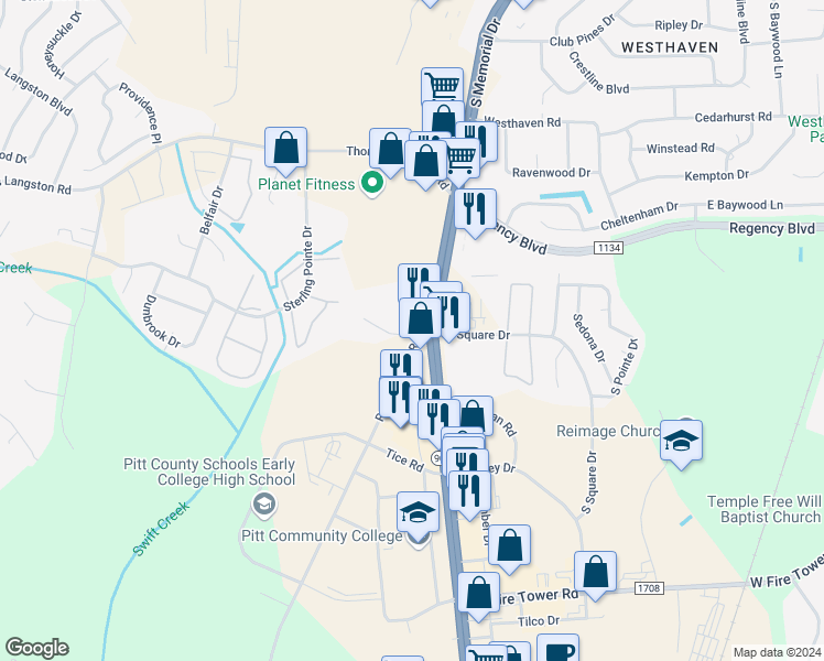 map of restaurants, bars, coffee shops, grocery stores, and more near in Greenville