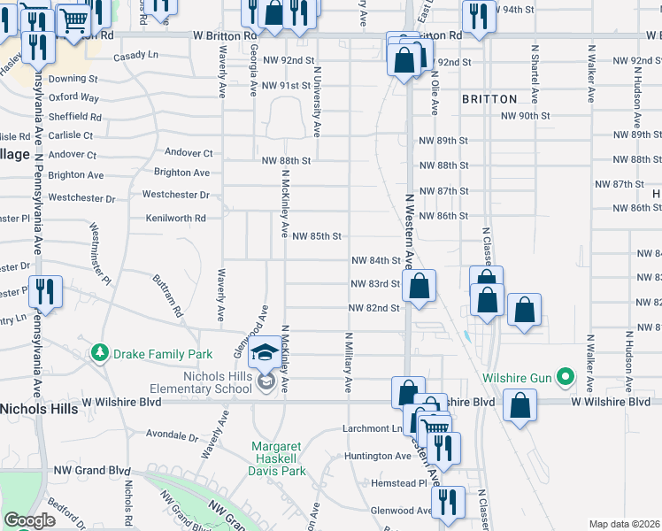 map of restaurants, bars, coffee shops, grocery stores, and more near 8405 North Military Avenue in Oklahoma City