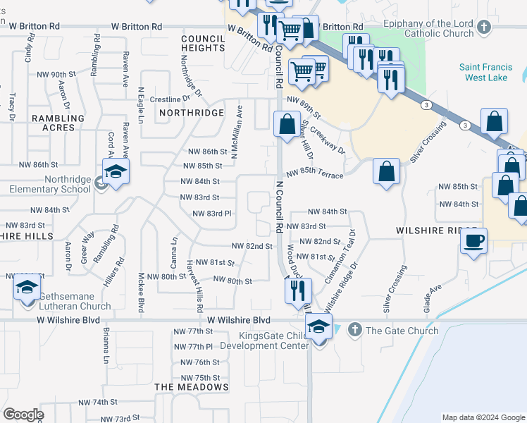 map of restaurants, bars, coffee shops, grocery stores, and more near 8301 North Council Road in Oklahoma City