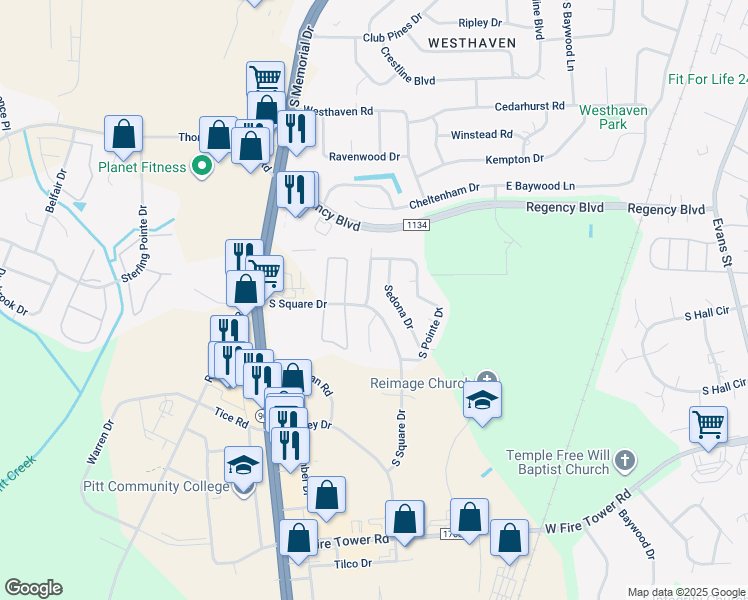 map of restaurants, bars, coffee shops, grocery stores, and more near 3921 Granada Drive in Winterville