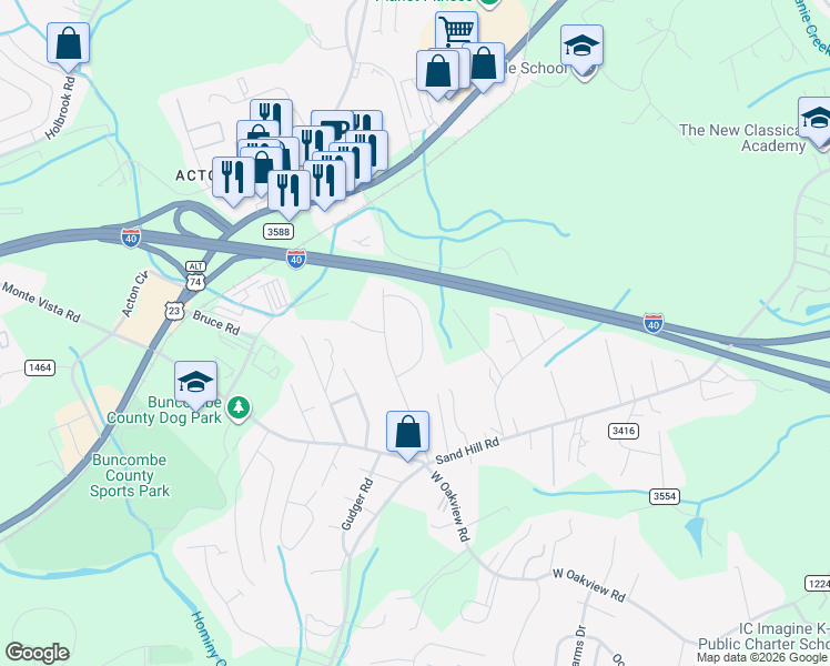 map of restaurants, bars, coffee shops, grocery stores, and more near 22 Grandview Circle in Asheville