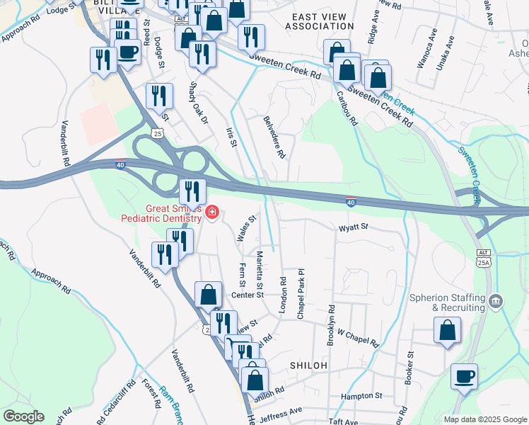map of restaurants, bars, coffee shops, grocery stores, and more near 68 Marietta Street in Asheville