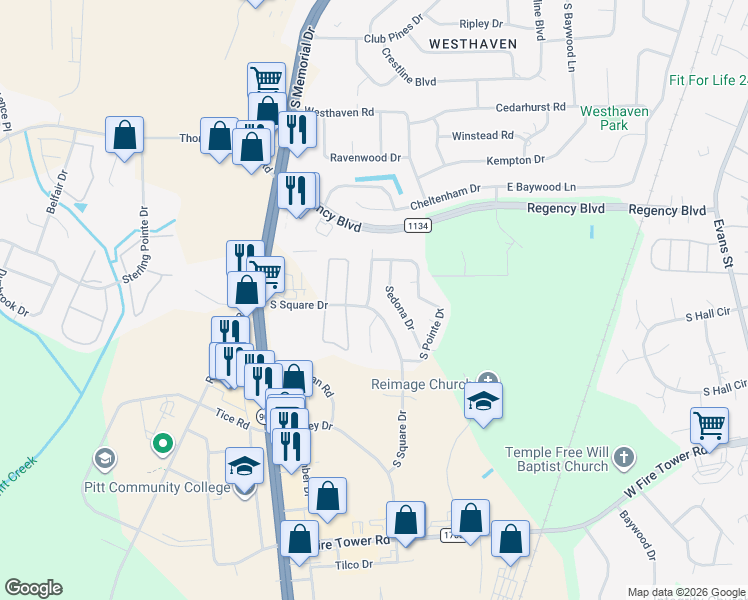 map of restaurants, bars, coffee shops, grocery stores, and more near 4000 Lucerne Court in Winterville