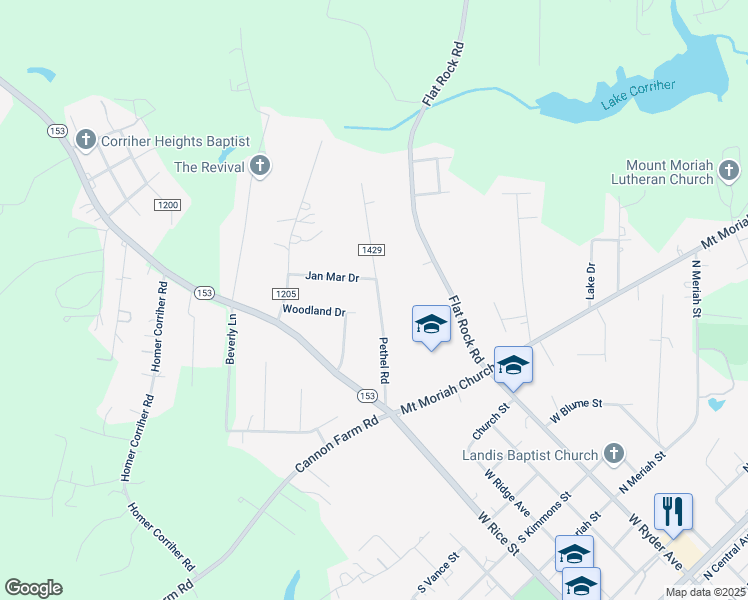 map of restaurants, bars, coffee shops, grocery stores, and more near 325 Pethel Road in China Grove