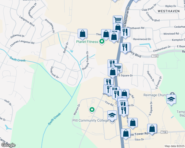 map of restaurants, bars, coffee shops, grocery stores, and more near 3913 Sterling Pointe Drive in Winterville