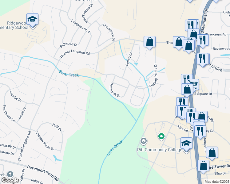 map of restaurants, bars, coffee shops, grocery stores, and more near Fenton Drive in Winterville