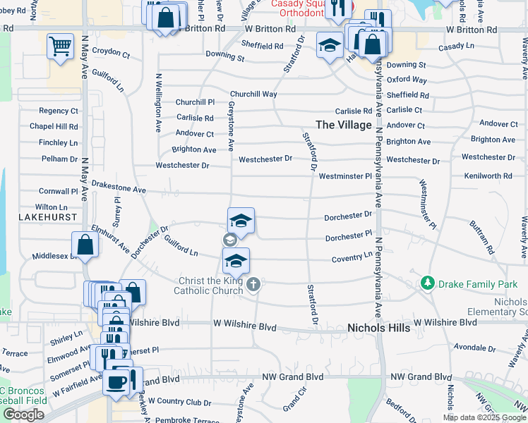 map of restaurants, bars, coffee shops, grocery stores, and more near 1834 Dorchester Place in Nichols Hills