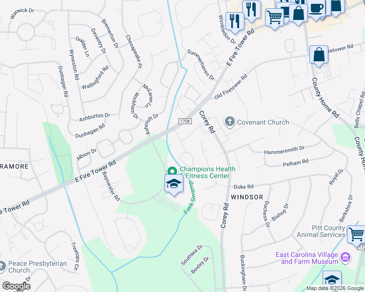 map of restaurants, bars, coffee shops, grocery stores, and more near 4104 Bridge Court in Winterville