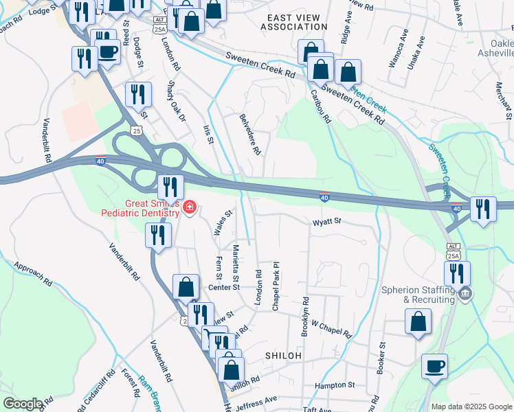 map of restaurants, bars, coffee shops, grocery stores, and more near 286 London Road in Asheville
