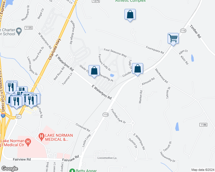 map of restaurants, bars, coffee shops, grocery stores, and more near 121 Morning Mist Lane in Mooresville