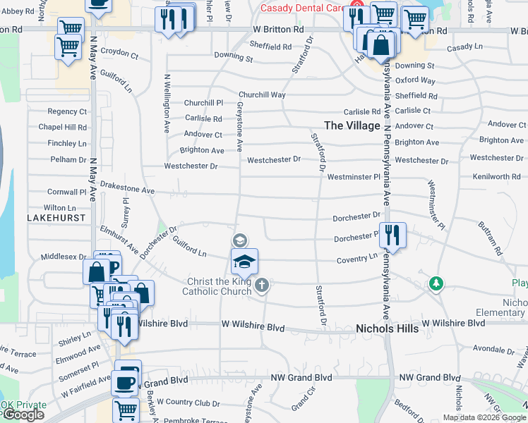 map of restaurants, bars, coffee shops, grocery stores, and more near 1834 Dorchester Place in Nichols Hills