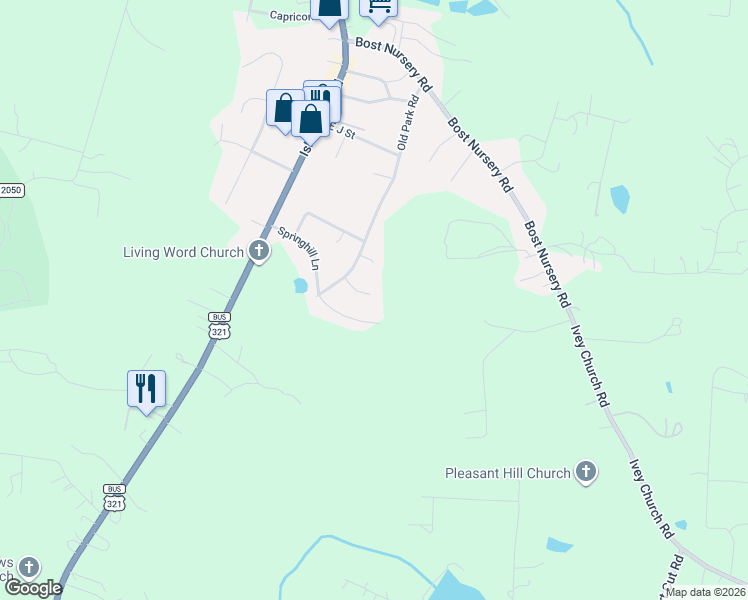 map of restaurants, bars, coffee shops, grocery stores, and more near 315 Springhill Lane in Maiden