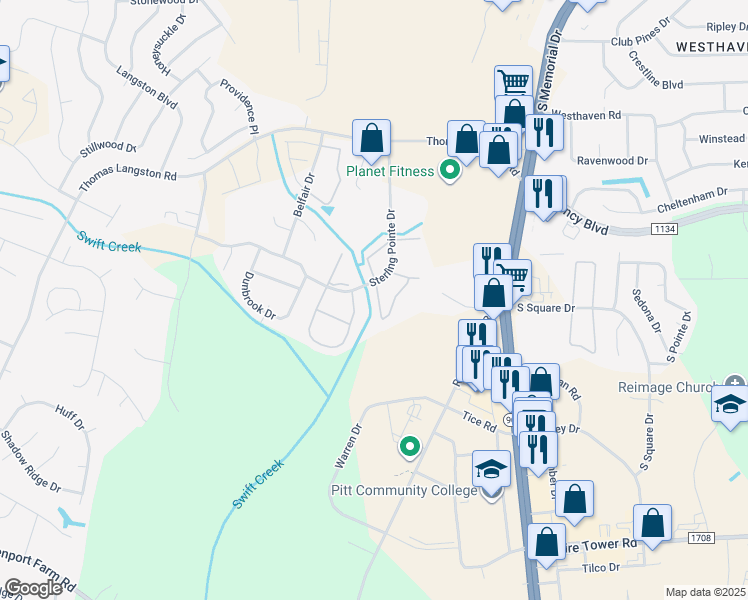 map of restaurants, bars, coffee shops, grocery stores, and more near 3921 Sterling Pointe Drive in Winterville