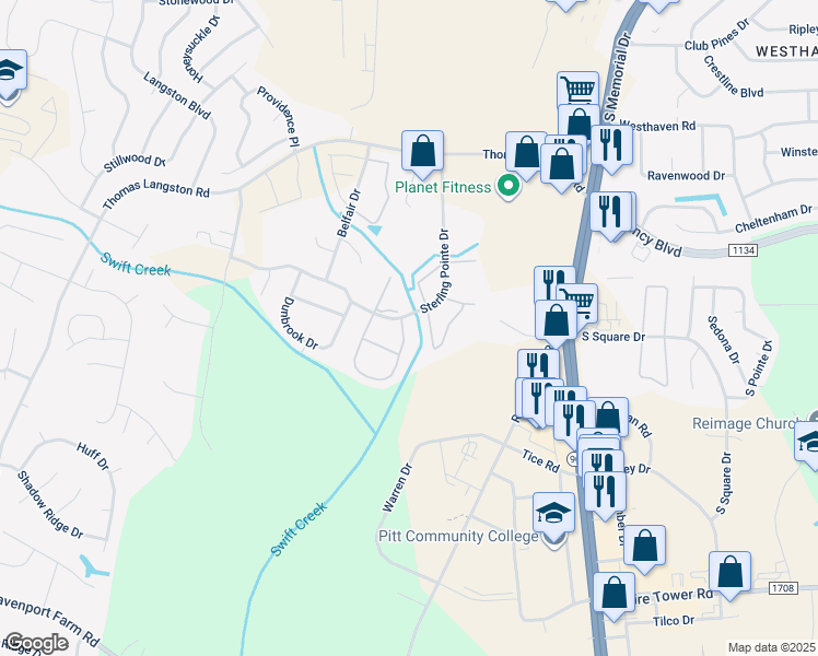 map of restaurants, bars, coffee shops, grocery stores, and more near 3929 Sterling Pointe Drive in Winterville