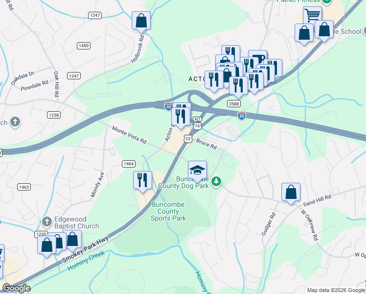 map of restaurants, bars, coffee shops, grocery stores, and more near Smoky Park Hwy in Asheville