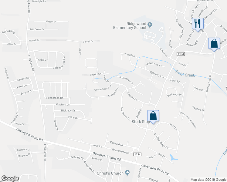 map of restaurants, bars, coffee shops, grocery stores, and more near 2012 Cherrytree Lane in Winterville
