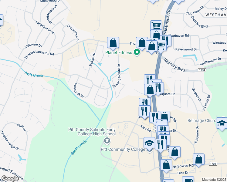 map of restaurants, bars, coffee shops, grocery stores, and more near 3921 Sterling Pointe Drive in Winterville