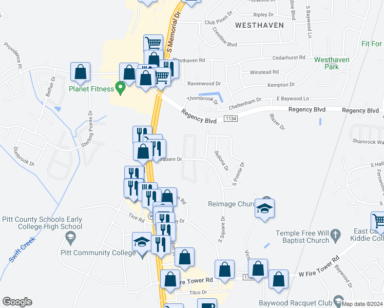 map of restaurants, bars, coffee shops, grocery stores, and more near 568 South Square Drive in Winterville