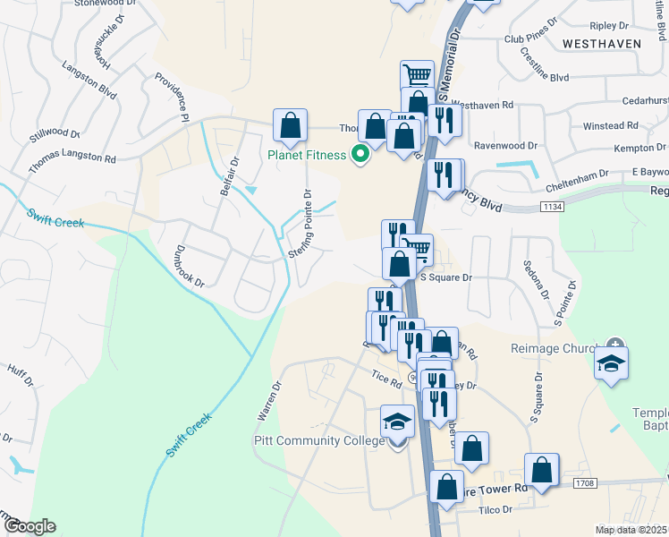 map of restaurants, bars, coffee shops, grocery stores, and more near 3913 Sterling Pointe Drive in Winterville