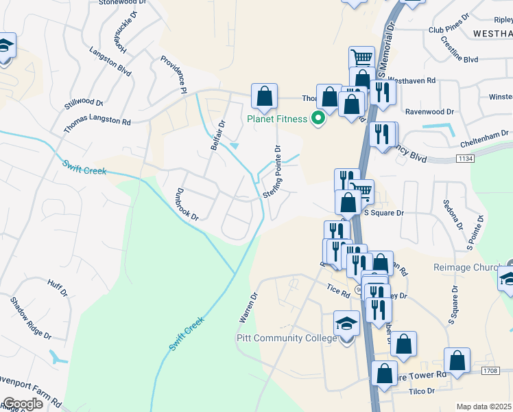 map of restaurants, bars, coffee shops, grocery stores, and more near 3917 Sterling Pointe Drive in Winterville