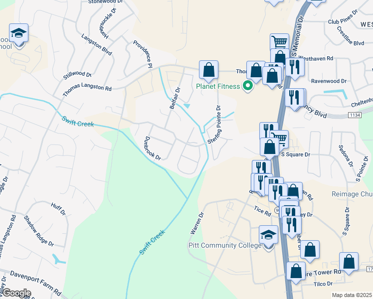 map of restaurants, bars, coffee shops, grocery stores, and more near 3949 Sterling Pointe Drive in Winterville