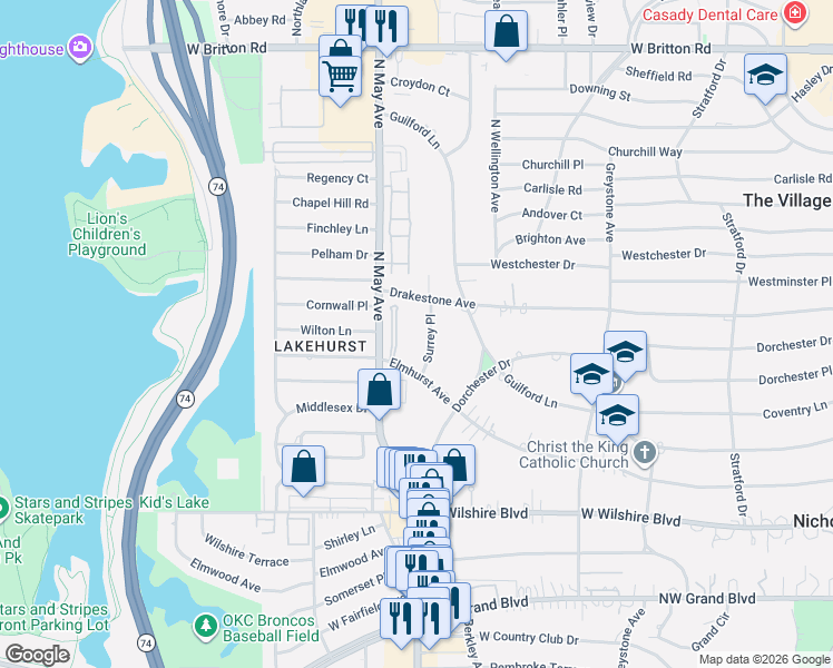 map of restaurants, bars, coffee shops, grocery stores, and more near 8405 Surrey Place in Oklahoma City