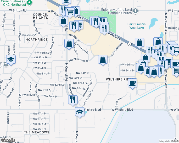 map of restaurants, bars, coffee shops, grocery stores, and more near 8405 Wilshire Ridge Drive in Oklahoma City