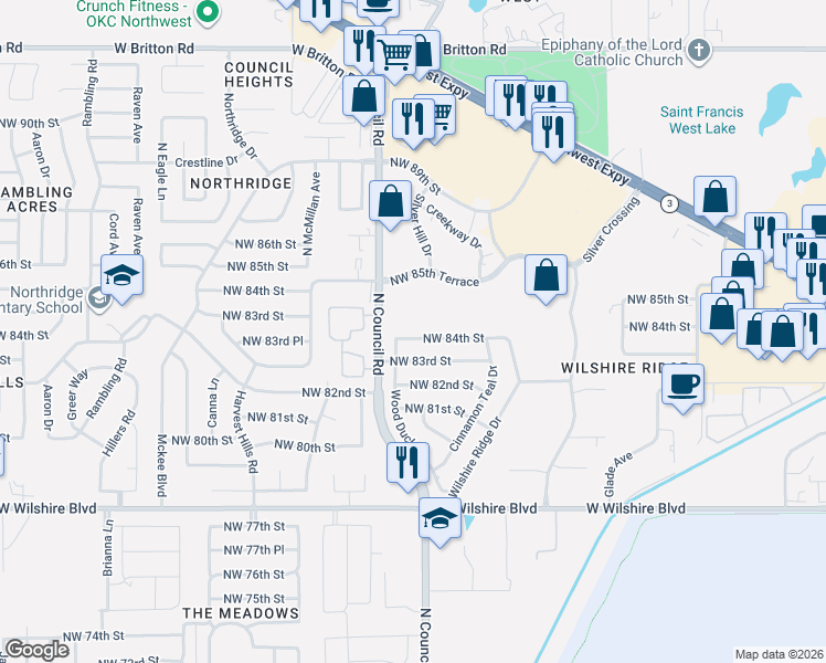 map of restaurants, bars, coffee shops, grocery stores, and more near 7913 Northwest 83rd Street in Oklahoma City