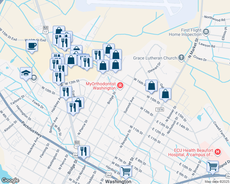 map of restaurants, bars, coffee shops, grocery stores, and more near 1305 Bridge Street in Washington
