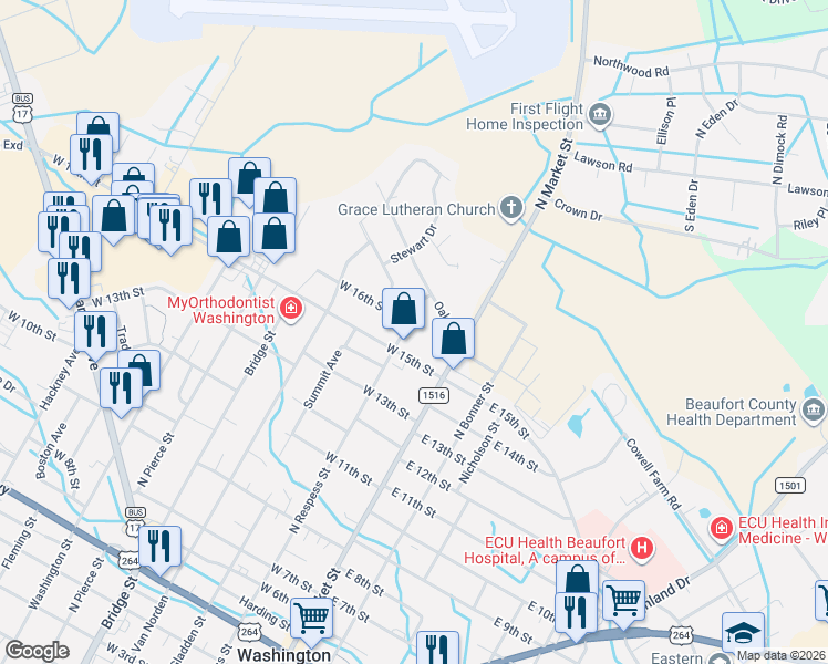 map of restaurants, bars, coffee shops, grocery stores, and more near 140 West 15th Street in Washington