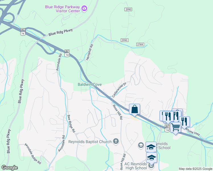 map of restaurants, bars, coffee shops, grocery stores, and more near 16 Miracle Drive in Asheville