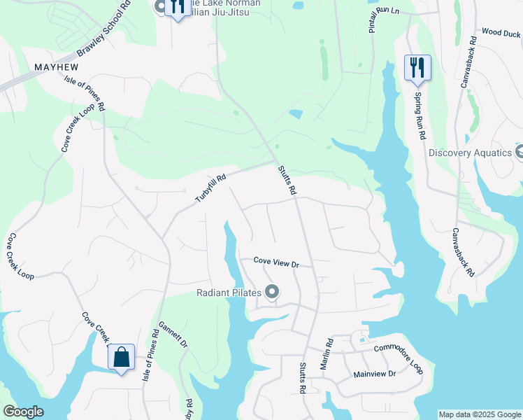 map of restaurants, bars, coffee shops, grocery stores, and more near 122 Poinsettia Lane in Mooresville