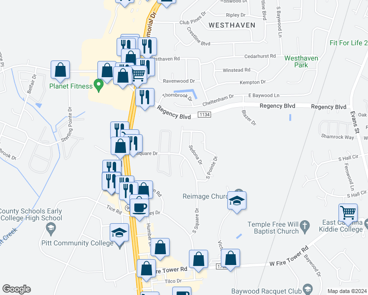 map of restaurants, bars, coffee shops, grocery stores, and more near 3917 Granada Drive in Winterville