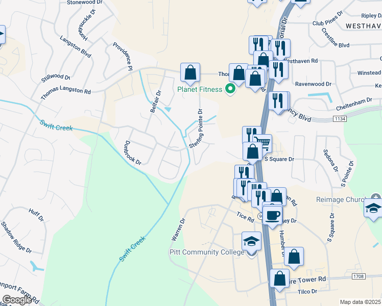 map of restaurants, bars, coffee shops, grocery stores, and more near 3900 Sterling Pointe Drive in Winterville