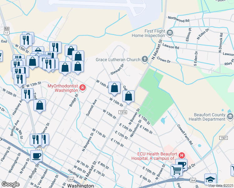 map of restaurants, bars, coffee shops, grocery stores, and more near 1509 North Respess Street in Washington